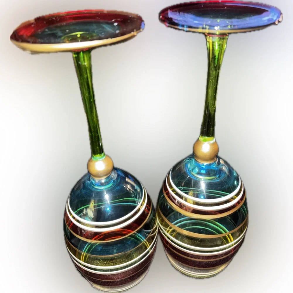 VTG Pier 1 Imports Festive Stripe Wine Glasses Set of 4 - Hand Painted Gold Gilt